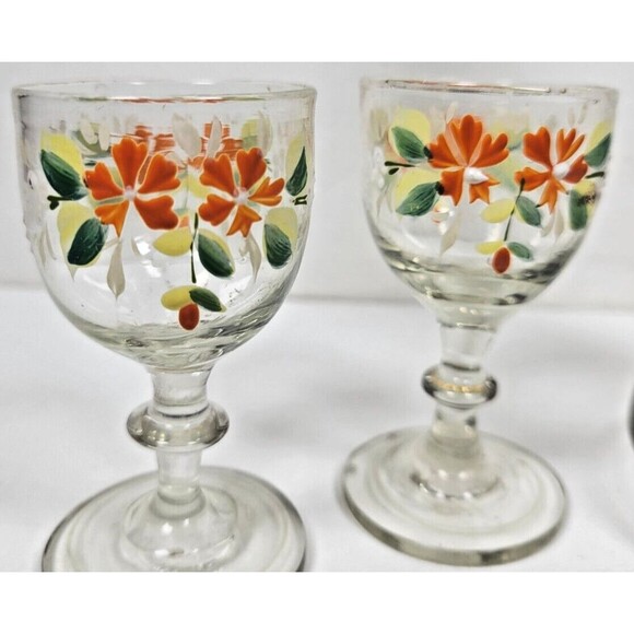 Glass Decanter with 3 Cordial Glasses Hand Painted Vtg Floral Holiday Barware - Picture 2 of 8